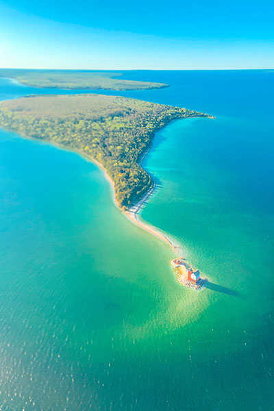 Helicopter view of Mackinac Island and St. Ignace