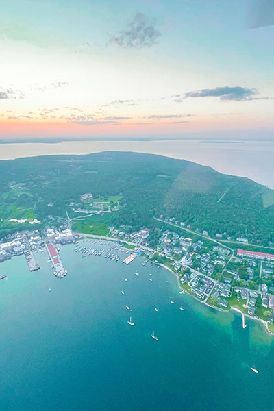 Helicopter view of Mackinac Island and St. Ignace